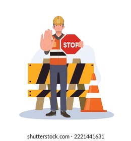 male engineer is holding STOP sign for warning under construction area, No entrance. vector cartoon illustration.