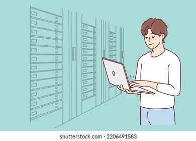 Male Engineer With Laptop Standing Near Server Room With Computers. Man IT Specialist Working In Data Center Near Server Racks. Vector Illustration. 