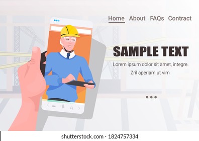 male engineer on smartphone screen discussing during video call self isolation online communication concept construction site master in helmet horizontal copy space portrait vector illustration