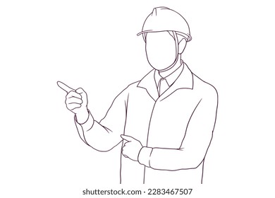Male engineer pointing finger forward hand drawn vector illustration