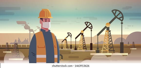 Male Engineer Refinery Worker In Mask Working On Oil Pump Rig Energy Industrial Zone Oil Drilling Fossil Fuels Production Nature Pollution Concept Flat Horizontal Portrait