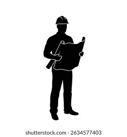 Male Engineer Silhouette: Hard Hat, Holding Blueprint, Construction