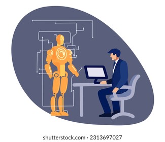 Male engineer sitting at the computer and robot man on a white background, vector illustration