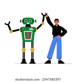 Male Engineer Standing With A Built Robot, Flat Vector Illustration Symbolizing Innovation, Robotics Development, And Teamwork, Isolated On White Background.