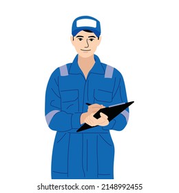 male engineer standing wear uniform and hold pen checking list