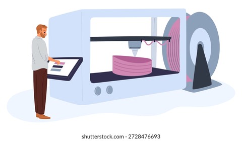 O engenheiro masculino está no painel de controle da impressora 3D. Criar objetos usando tecnologia inovadora moderna. Equipamento de impressão aditivo. Impressão do modelo de protótipo. Engenharia de produção. Conceito de vetor