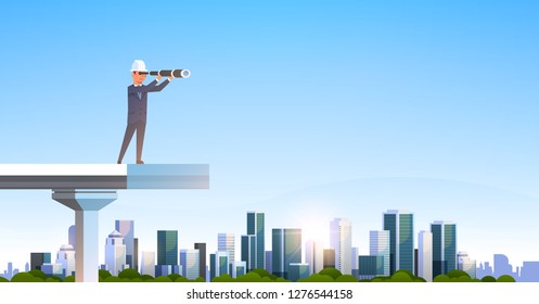 Male Engineer In Suit And Helmet Looking Binoculars Standing Unfinished Bridge Future Strategy Concept Over Modern City Skyscraper Cityscape Flat Horizontal