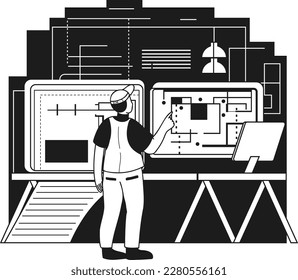 Male engineer supervising construction work illustration in doodle style isolated on background