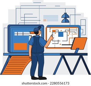 Ingeniero masculino que supervisa la ilustración del trabajo de construcción al estilo doodle aislado en segundo plano