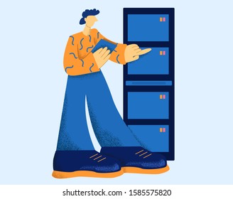 Male engineer of technical support making diagnostic server isolated at white background. Technician man working with system administration processes flat vector illustration big limbs style