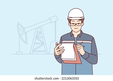 Male engineer in uniform and helmet take notes at construction site. Man worker write in journal working at building area. Engineering concept. Vector illustration. 