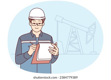 Male engineer in uniform and helmet take notes at construction site. Man worker write in journal working at building area. Engineering concept. Vector illustration.