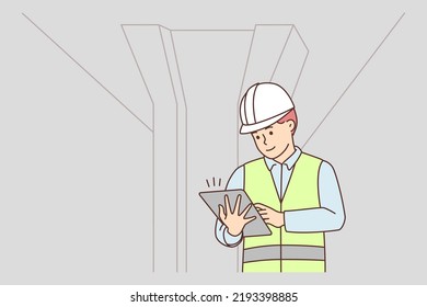Male engineer in uniform and helmet working under bridge. Man technician controlling quality of construction outdoors. Vector illustration. 