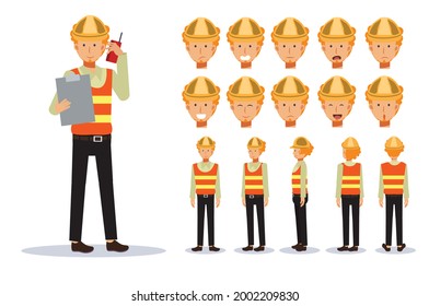 Male Engineer in various views, Cartoon style.Flat Vector Character illustration