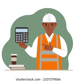 Male engineer in a white construction helmet and orange vest with a calculator. Vector flat illustration