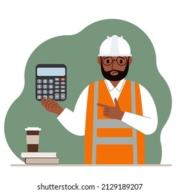 Male engineer in a white construction helmet and orange vest with a calculator. Vector flat illustration