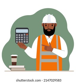 Male engineer in a white construction helmet and orange vest with a calculator. Vector flat illustration