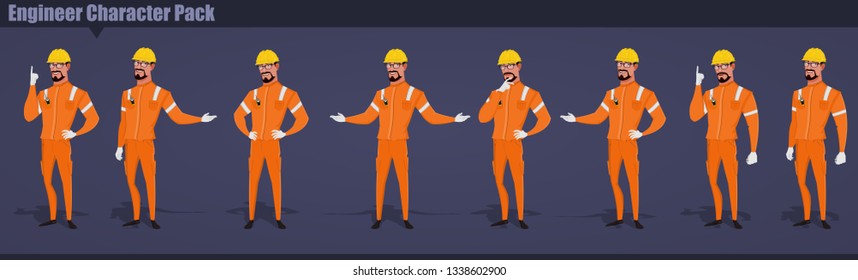 Male engineer worker in professional protective clothes with yellow safety helmet. Full length Character set with different hand poses. 