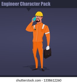 Male engineer worker in professional protective clothes talking on a mobile phone with his bag and yellow safety helmet.