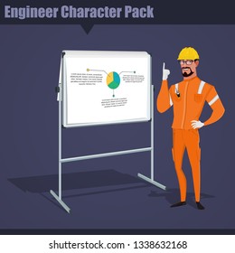 Male engineer worker in professional protective clothes showing his project on a presentation board, with yellow safety helmet.