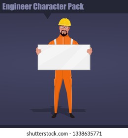 Male engineer worker in professional protective clothes holding a banner with yellow safety helmet.