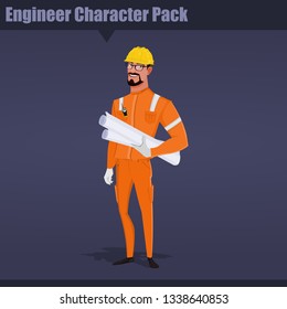 Male engineer worker in professional protective clothes holding the project plans with yellow safety helmet.