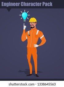 Male engineer worker in professional protective clothes with ideas and yellow safety helmet.