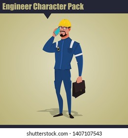 Male engineer worker in professional protective clothes talking on a mobile phone with his bag and yellow safety helmet.