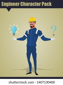 Male engineer worker in professional protective clothes standing with options and choices and yellow safety helmet. 