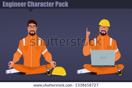 Male engineer worker in professional protective clothes doing concentration and having an idea with yellow safety helmet and laptop.