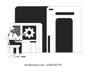 Male engineer workstation operating industrial processes black and white 2D line character. Hardhat operator gear supervision isolated vector outline person. Monochromatic spot illustration