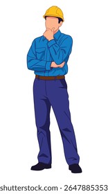 Male Engineer In Yellow Hard Hat Standing Thoughtfully With Crossed Arms
