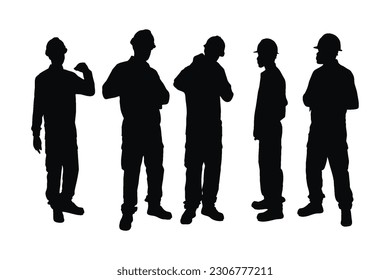 Male engineers wearing uniforms silhouette set vector on a white background. Engineer standing in different position silhouette collection. Engineers and construction workers with anonymous faces