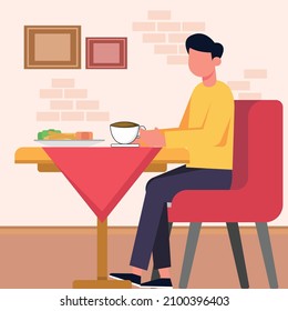 Male is enjoying drinking coffee at a table alone. Vector colorful illustration