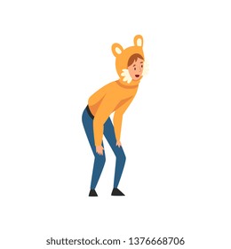 Male Entertainer in Funny Festive Costume Performing Before Kids at Birthday or Carnival Party Vector Illustration