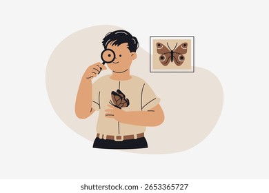 Entomologista Masculino Examinando Borboleta com Lupa Vetor