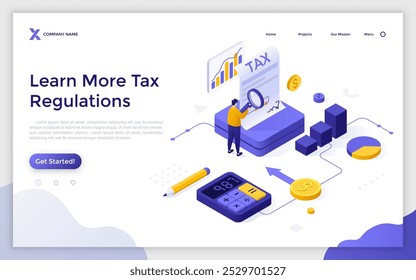 Male entrepreneur with magnifying glass studying invoice. Tax regulations landing page isometric template. Accountant preparing financial report creative 3d vector illustration for web page