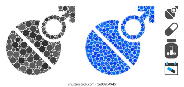 Male erection tablet composition of spheric dots in various sizes and color tints, based on male erection tablet icon. Vector dots are united into blue composition.