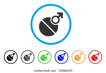 Male Erection Tablet rounded icon. Style is a flat male erection tablet gray symbol inside light blue circle with black, gray, green, blue, red, orange versions.