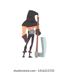 Male Executioner with Black Headwear and Axe, Medieval Historical Cartoon Character in Traditional Costume Vector Illustration
