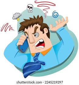 Male executive mascot screaming into cell phone, enraged. Ideal for educational and training materials