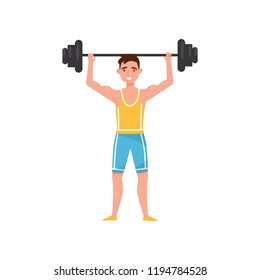 Male exercising with a barbell, professional bodybuilder character, active sport lifestyle concept vector Illustration on a white background