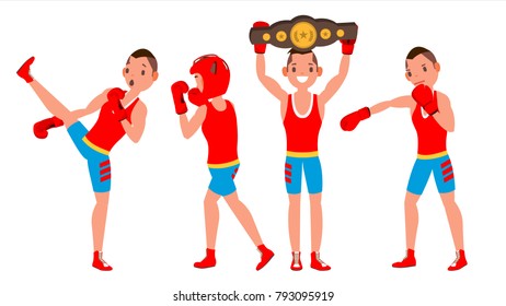 Male Exercising Boxing Vector. Active Sport Lifestyle. Athlete In Action. Cartoon Character Illustration