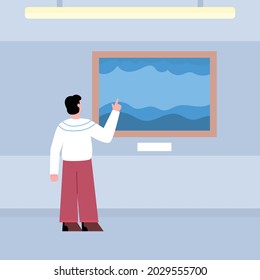 Male exhibition visitor standing with back and looking painting at museum or art gallery. Culture leisure at exposition modern or old artworks. Flat cartoon vector illustration