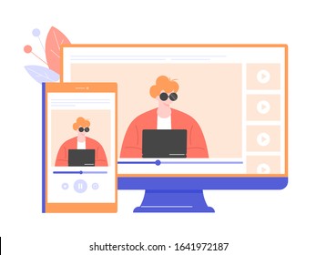 Male expert at a laptop on a mobile phone and computer screen. Responsive video. Podcasts and distance learning online. Vector flat illustration.
