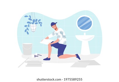 Male Expert Tiler Worker Is Making Floor In Toilet At Home. Cheerful Man In Casual Clothes Putting White Tiles Together. Concept Of Home Repair Service. Flat Cartoon Vector Illustration