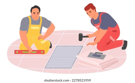 Male expert tiler worker making floor vector illustration. Tile master using tool for professional work putting ceramic material. Home repair service concept