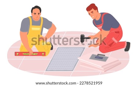Male expert tiler worker making floor vector illustration. Tile master using tool for professional work putting ceramic material. Home repair service concept