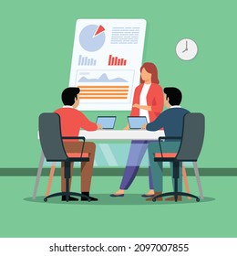 Male explains himself in front of reviewers through presentations. HRD. Curriculum Vitae. Interview. Human Resource. Vector colorful illustration. Illustrator.