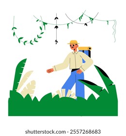 Male Explorer In Jungle With Backpack And Hat In Flat Vector Illustration Symbolizing Adventure, Exploration, And Nature Discovery, Isolated On White Background